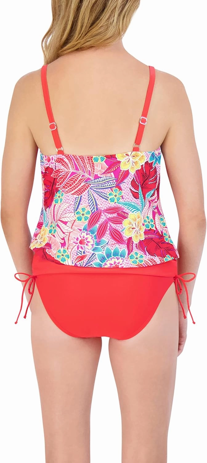 Caribbean Joe Women's Standard Blouson Tankini Tummy Control Quick Dry Sewn in Cups Adjustable Strap Swimsuit Set