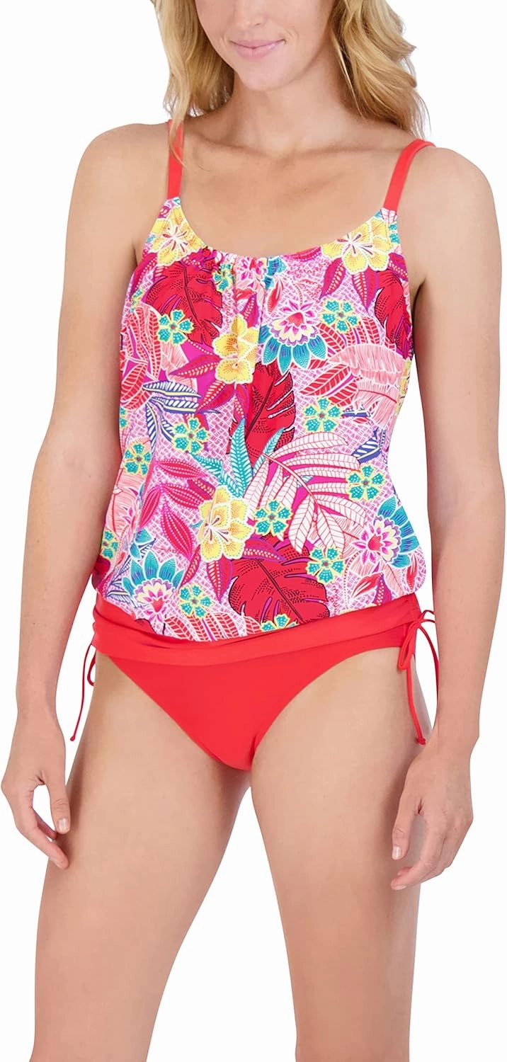 Caribbean Joe Women's Standard Blouson Tankini Tummy Control Quick Dry Sewn in Cups Adjustable Strap Swimsuit Set