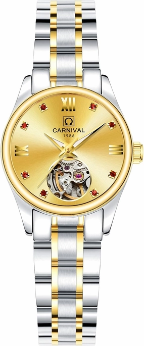 Carnival Women's Automatic Mechanical Watch Simple Skeleton Dial (Silver Gold)