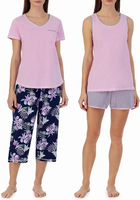 Carole Hochman Women's 4-Piece 100% Cotton Pajama Set – V-Neck T-Shirt, Tank, Capri Pants & Shorts with Drawstring & Pockets, Lilac, Small