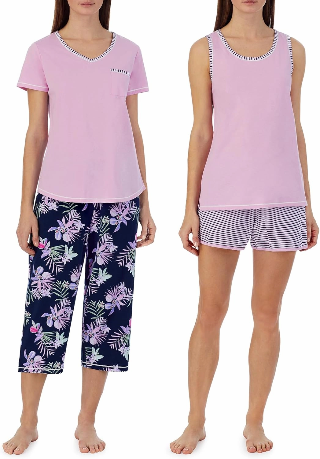 Carole Hochman Women's 4-Piece 100% Cotton Pajama Set – V-Neck T-Shirt, Tank, Capri Pants & Shorts with Drawstring & Pockets, Lilac, Small
