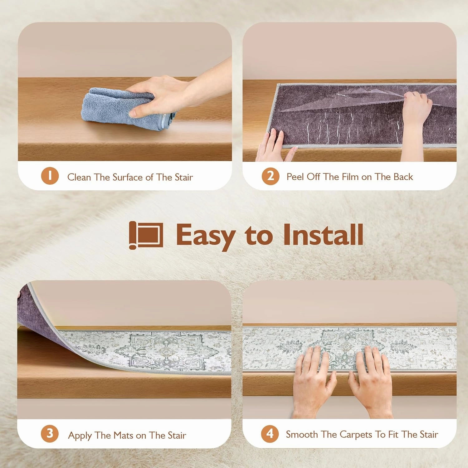 Carpet Stair Treads Non Slip for Wooden Steps 4PCS, 8" X 30" Stair Runners Mats Indoor, Stain Resistant Staircase Step Treads Stair Rugs with TPR Self Adhesive Backing for Kids, Elders, Dogs, Grey