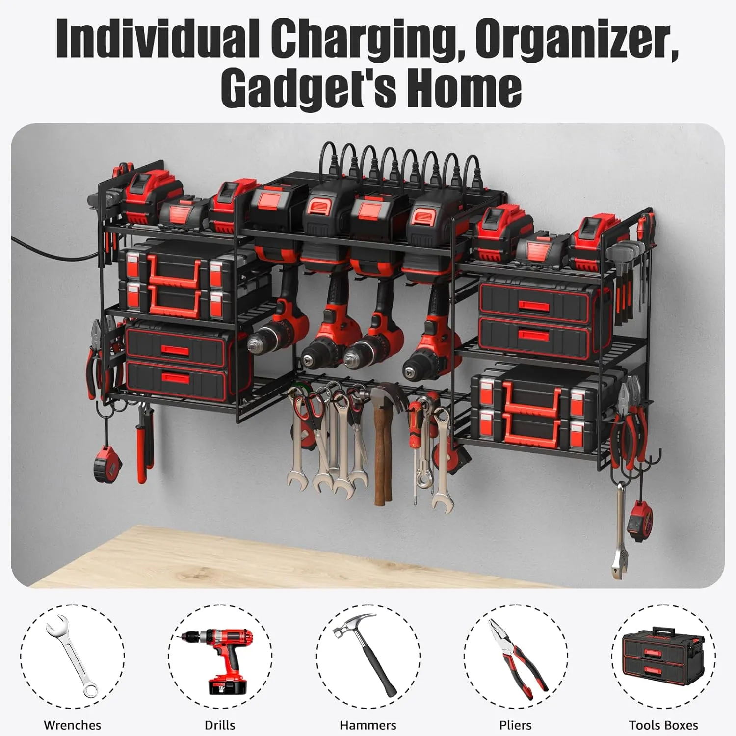 CCCEI Black Power Tool Organizer Wall Mount, Large Tools and Battery Storage Rack Charging Station Individual Switches. Drills Holder, Garage Utility Shelves with 6FT Power Strip. Gift for Men.