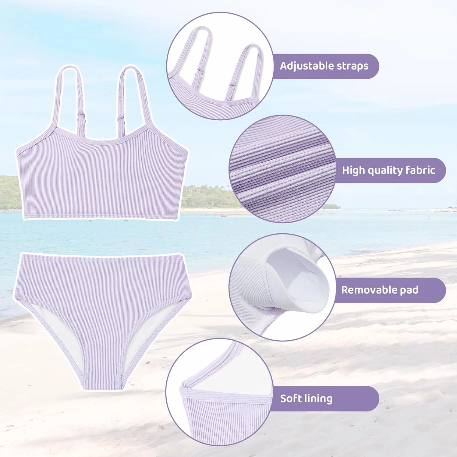 Century Star Girls Swimsuit 2-Piece Ribbed Bikini Set Adjustable Strap Bathing Suits for Teens Swimwear Solid