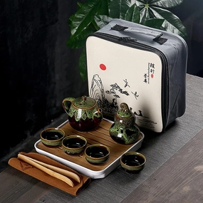 Ceramic Kungfu Tea Set, Portable Travel Tea Set with Teapot,Teacups,Tea Canister,Tea Tray and Travel Bag, Tea Set for Camping Outdoor Home Office (Green)