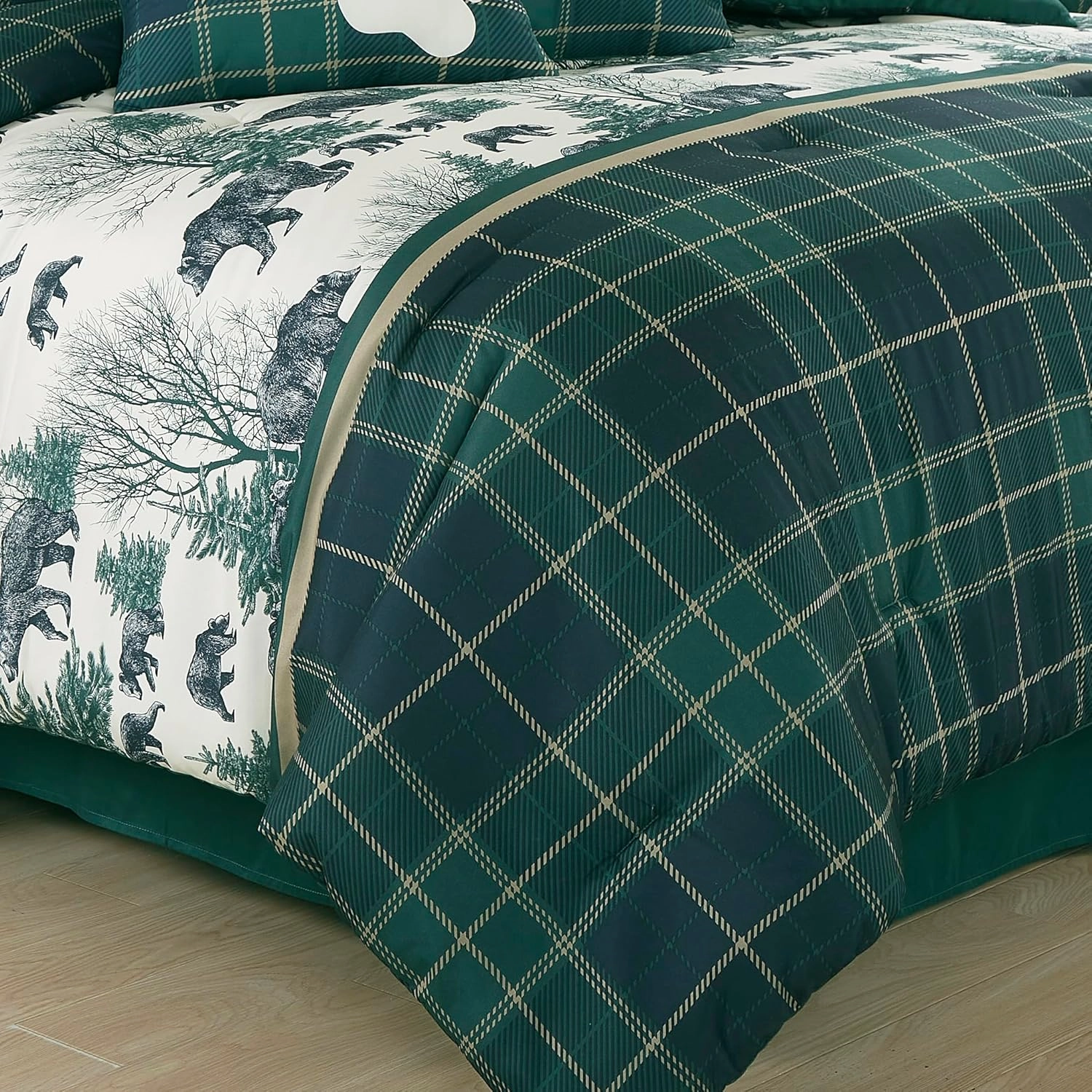 Chezmoi Collection Basin 7-Piece Northwest Cabin Lodge Comforter Set - Blue Green Ivory Tan Grizzly Bear Pine Tree Wilderness Printed Microfiber Bedding, Oversized King