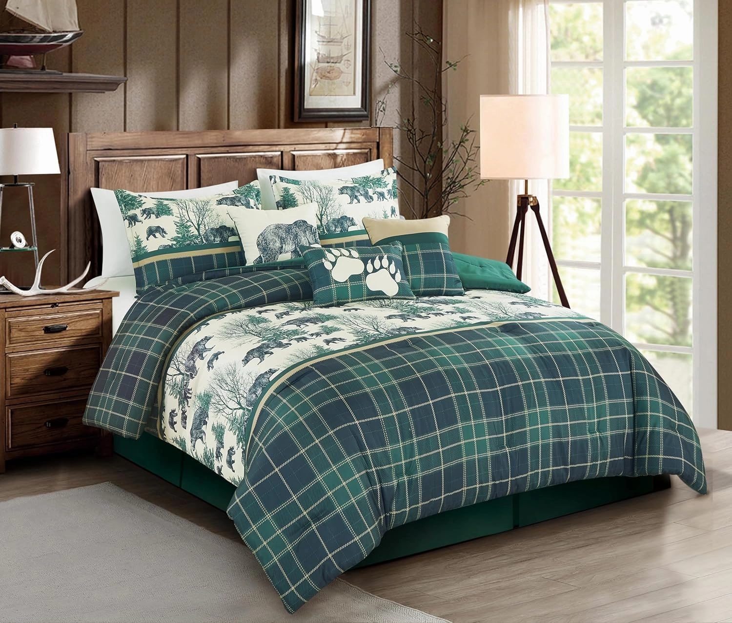 Chezmoi Collection Basin 7-Piece Northwest Cabin Lodge Comforter Set - Blue Green Ivory Tan Grizzly Bear Pine Tree Wilderness Printed Microfiber Bedding, Oversized King