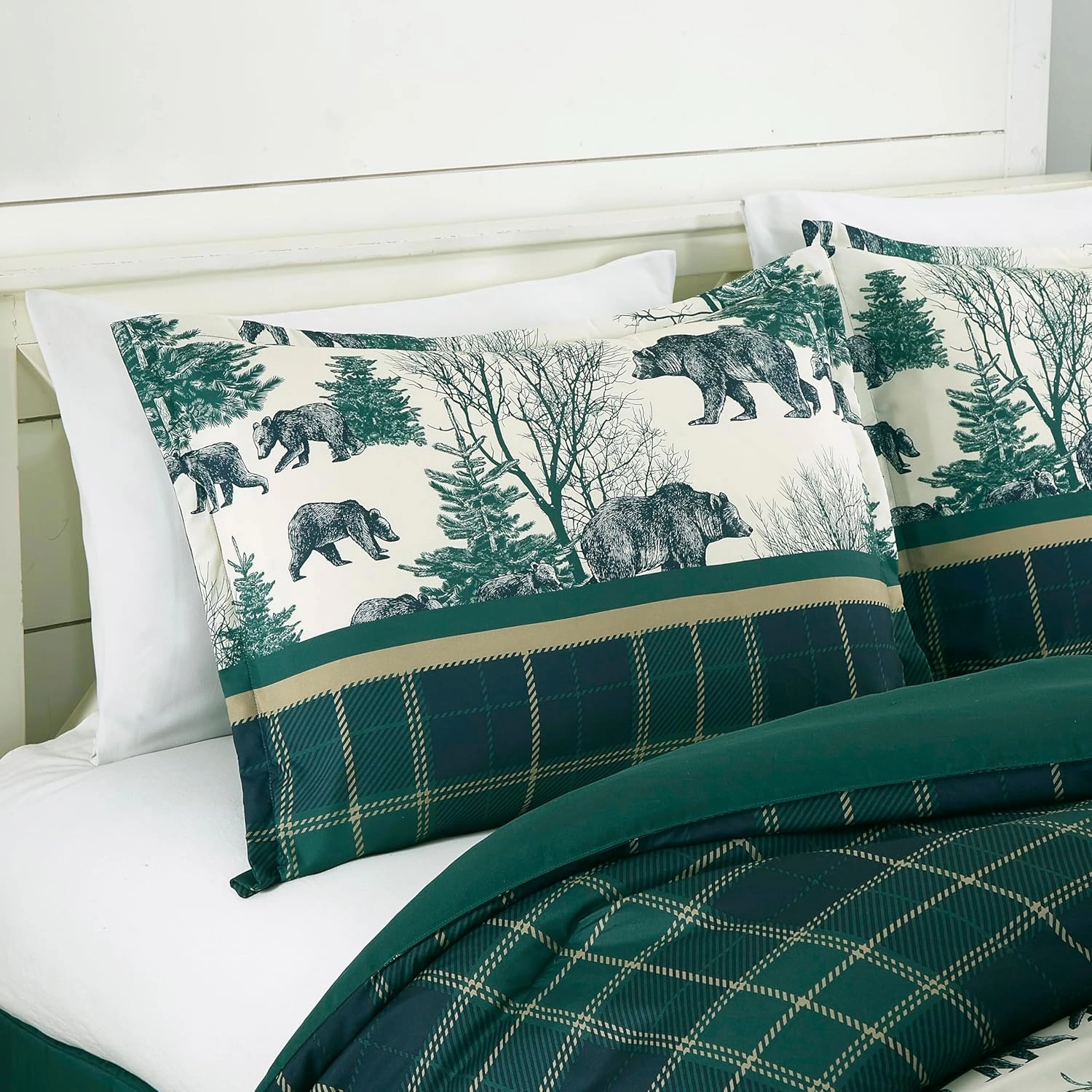 Chezmoi Collection Basin 7-Piece Northwest Cabin Lodge Comforter Set - Blue Green Ivory Tan Grizzly Bear Pine Tree Wilderness Printed Microfiber Bedding, Oversized King