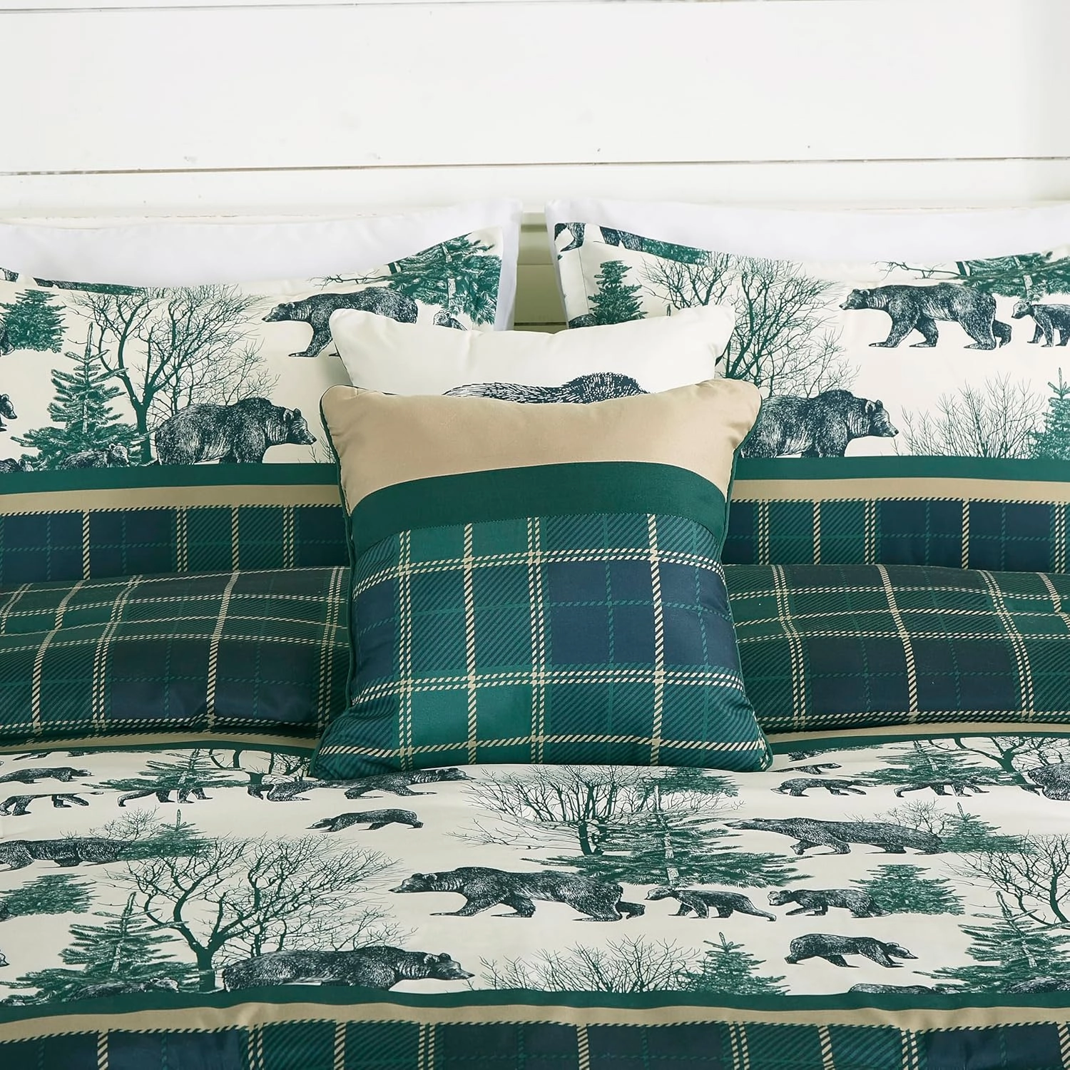 Chezmoi Collection Basin 7-Piece Northwest Cabin Lodge Comforter Set - Blue Green Ivory Tan Grizzly Bear Pine Tree Wilderness Printed Microfiber Bedding, Oversized King