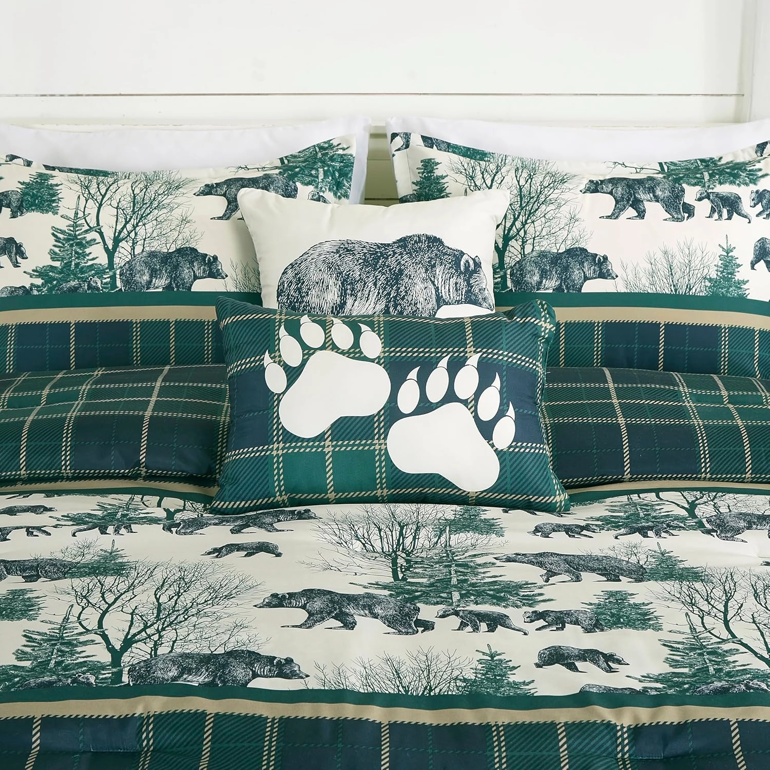 Chezmoi Collection Basin 7-Piece Northwest Cabin Lodge Comforter Set - Blue Green Ivory Tan Grizzly Bear Pine Tree Wilderness Printed Microfiber Bedding, Oversized King