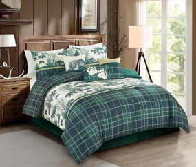 Chezmoi Collection Basin 7-Piece Northwest Cabin Lodge Comforter Set - Blue Green Ivory Tan Grizzly Bear Pine Tree Wilderness Printed Microfiber Bedding, Oversized King