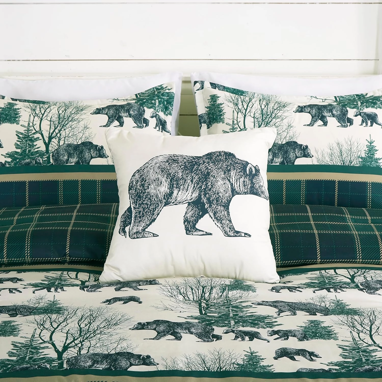 Chezmoi Collection Basin 7-Piece Northwest Cabin Lodge Comforter Set - Blue Green Ivory Tan Grizzly Bear Pine Tree Wilderness Printed Microfiber Bedding, Oversized King