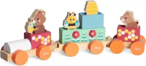 Chicco Wooden Game, Bear Train, Montessori Game, 3 Exclusive Characters, 5 Color Blocks, Train with 3 Freewheeling Cars, Games for Girls, Toys for Children 2  Years, Gift Idea