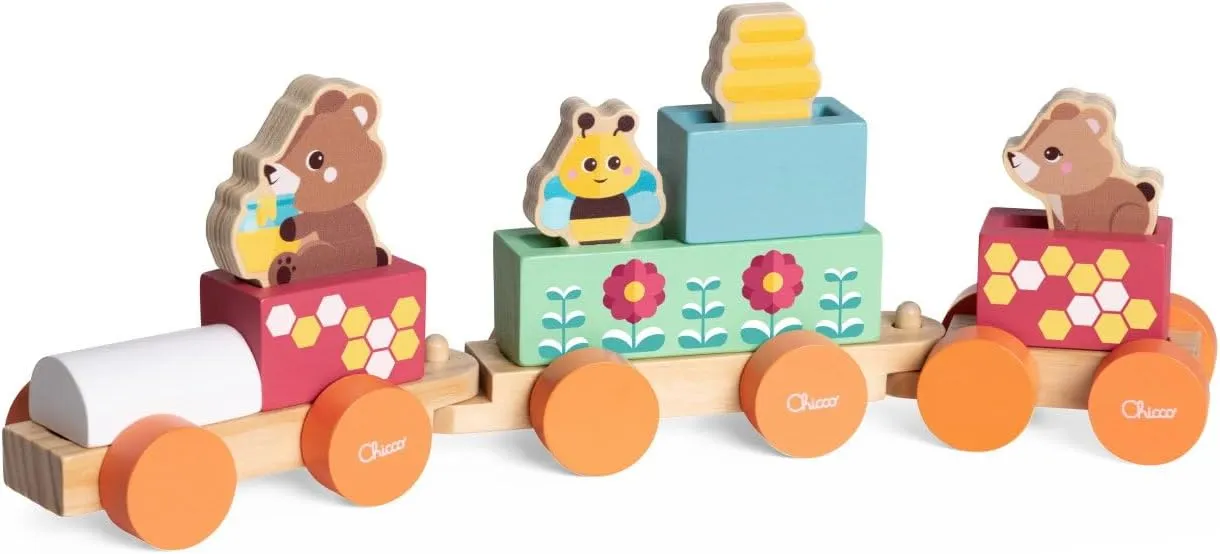 Chicco Wooden Game, Bear Train, Montessori Game, 3 Exclusive Characters, 5 Color Blocks, Train with 3 Freewheeling Cars, Games for Girls, Toys for Children 2  Years, Gift Idea
