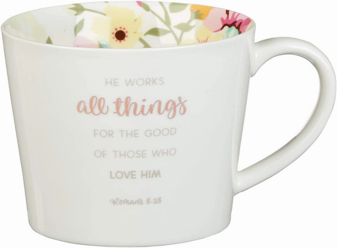 Christian Art Gifts Floral White Ceramic Coffee Mug – 13 oz. Lead and Cadmium-free Non-Toxic Inspirational Scripture Coffee and Tea Mug for Men and Women with Bible Verse: All Things – Romans 8:28