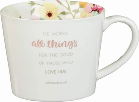 Christian Art Gifts Floral White Ceramic Coffee Mug – 13 oz. Lead and Cadmium-free Non-Toxic Inspirational Scripture Coffee and Tea Mug for Men and Women with Bible Verse: All Things – Romans 8:28