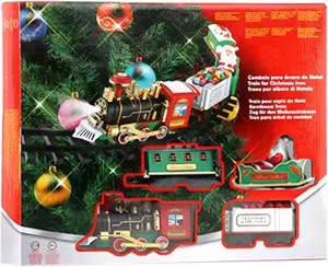 Christmas Tree Train Set with Light & Sound Hanging Christmas Train Set with Locomotive, Coal Car, Carriage, Sleigh and Tracks Realistic Tree for