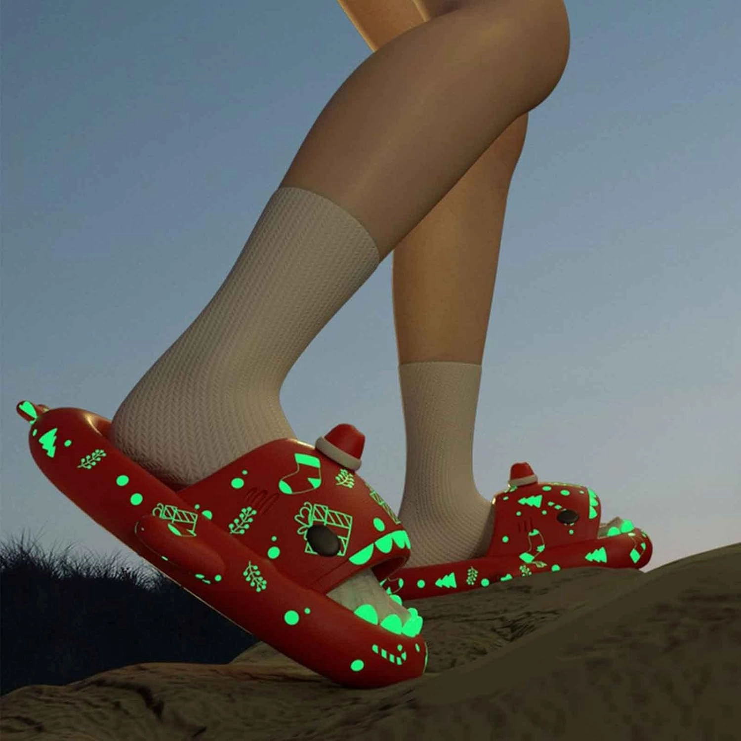 Christmas Shark Slides,Santa Shark Slides,Spooky Shark Slides Glow In The Dark For Men Women,3D Cloudy Shark Slippers