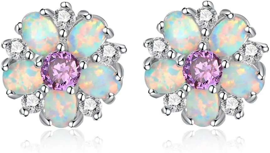 CiNily Flower Earrings,Opal Stud Earrings Sterling Silver or White Gold/Rose Gold Plated Ladies Flower Stud Earrings Cute Unique Earrings for Girls