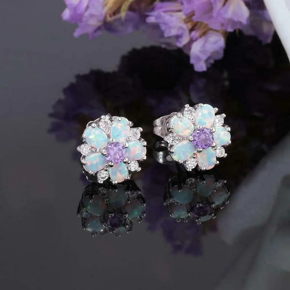 CiNily Flower Earrings,Opal Stud Earrings Sterling Silver or White Gold/Rose Gold Plated Ladies Flower Stud Earrings Cute Unique Earrings for Girls