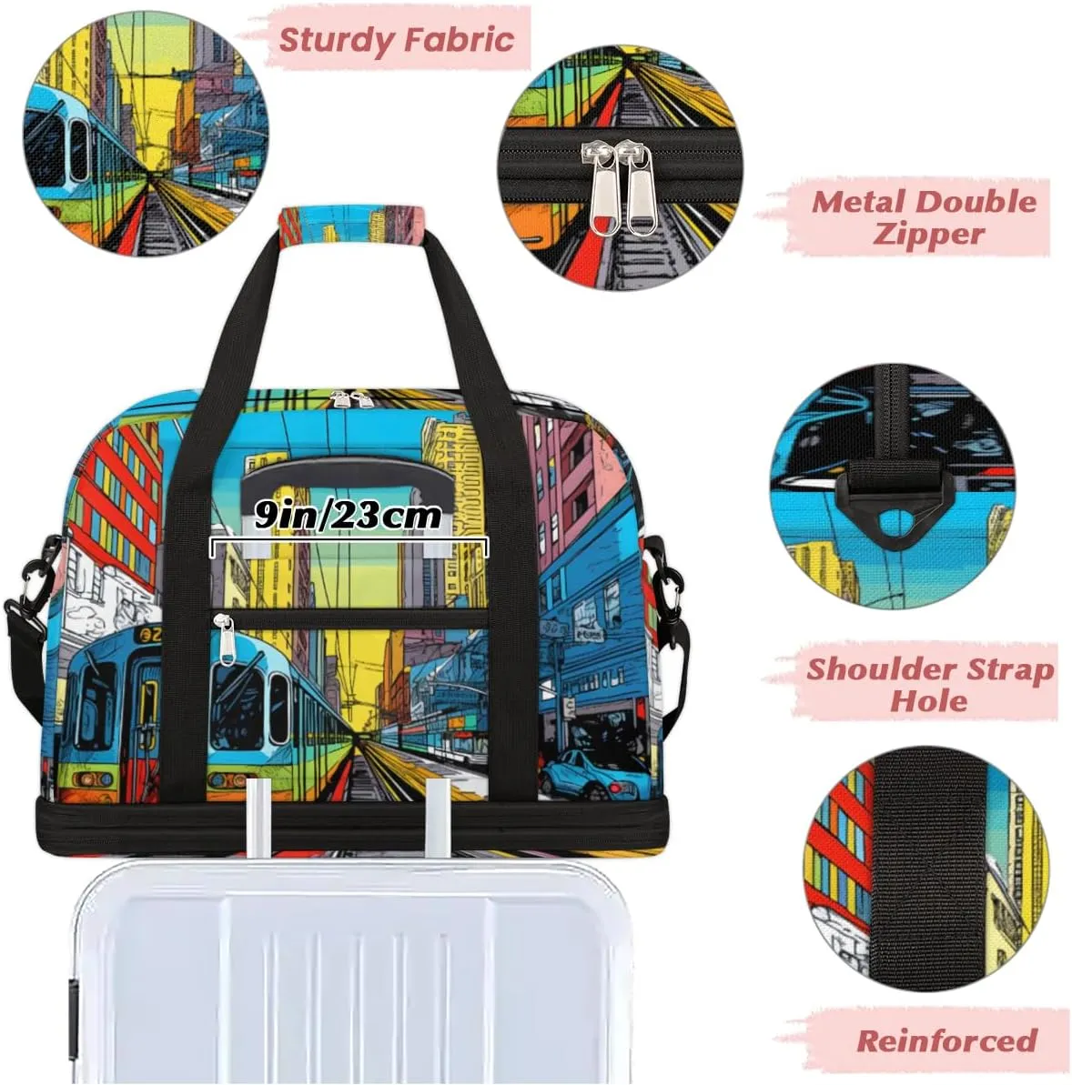 City Train Print Foldable Duffle Bag with Shoes Compartment Large Capacity Waterproof Travel Weekender Bag Overnight Bag for Sports Gym