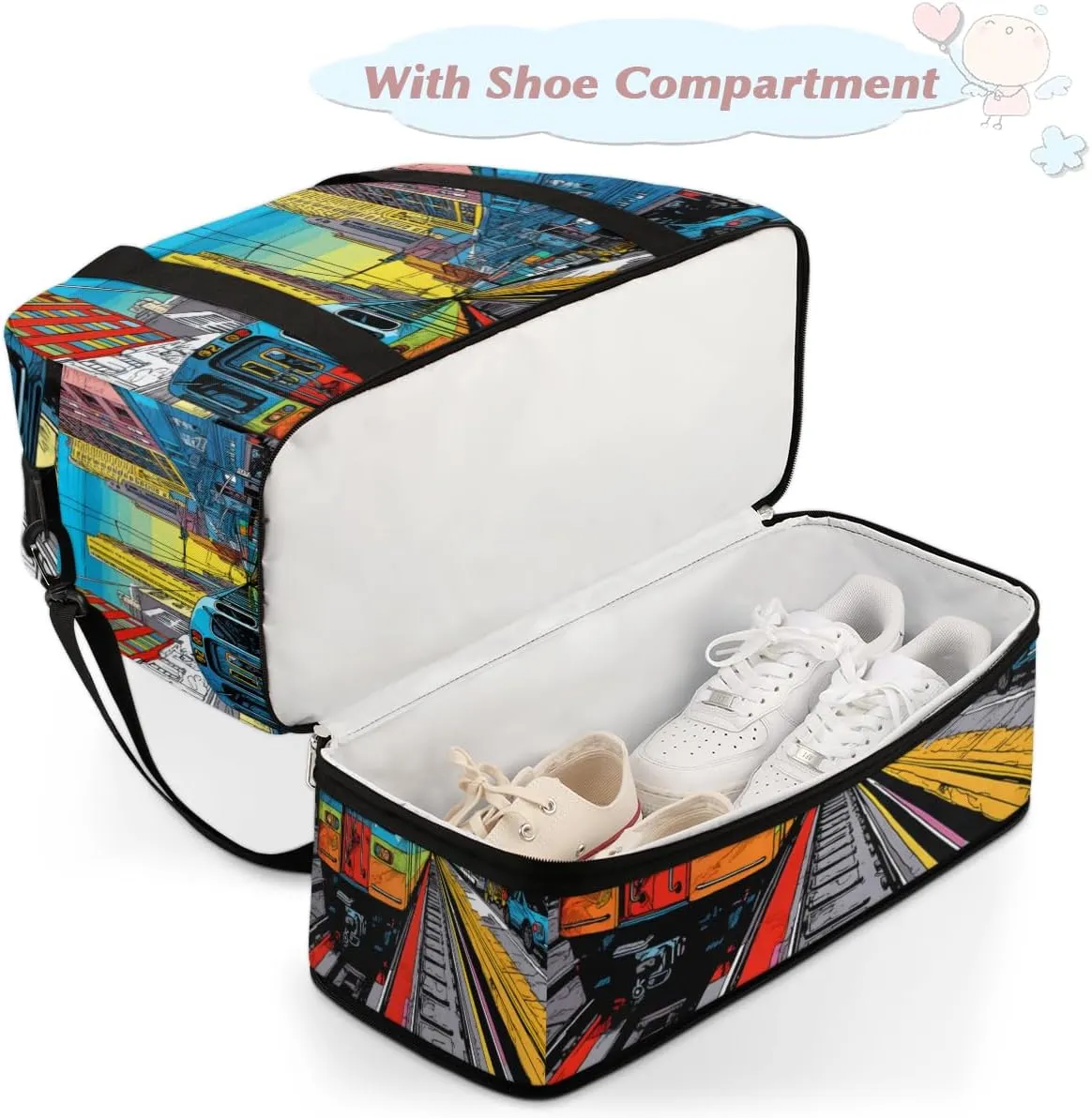 City Train Print Foldable Duffle Bag with Shoes Compartment Large Capacity Waterproof Travel Weekender Bag Overnight Bag for Sports Gym