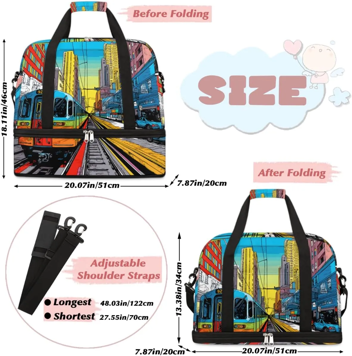 City Train Print Foldable Duffle Bag with Shoes Compartment Large Capacity Waterproof Travel Weekender Bag Overnight Bag for Sports Gym