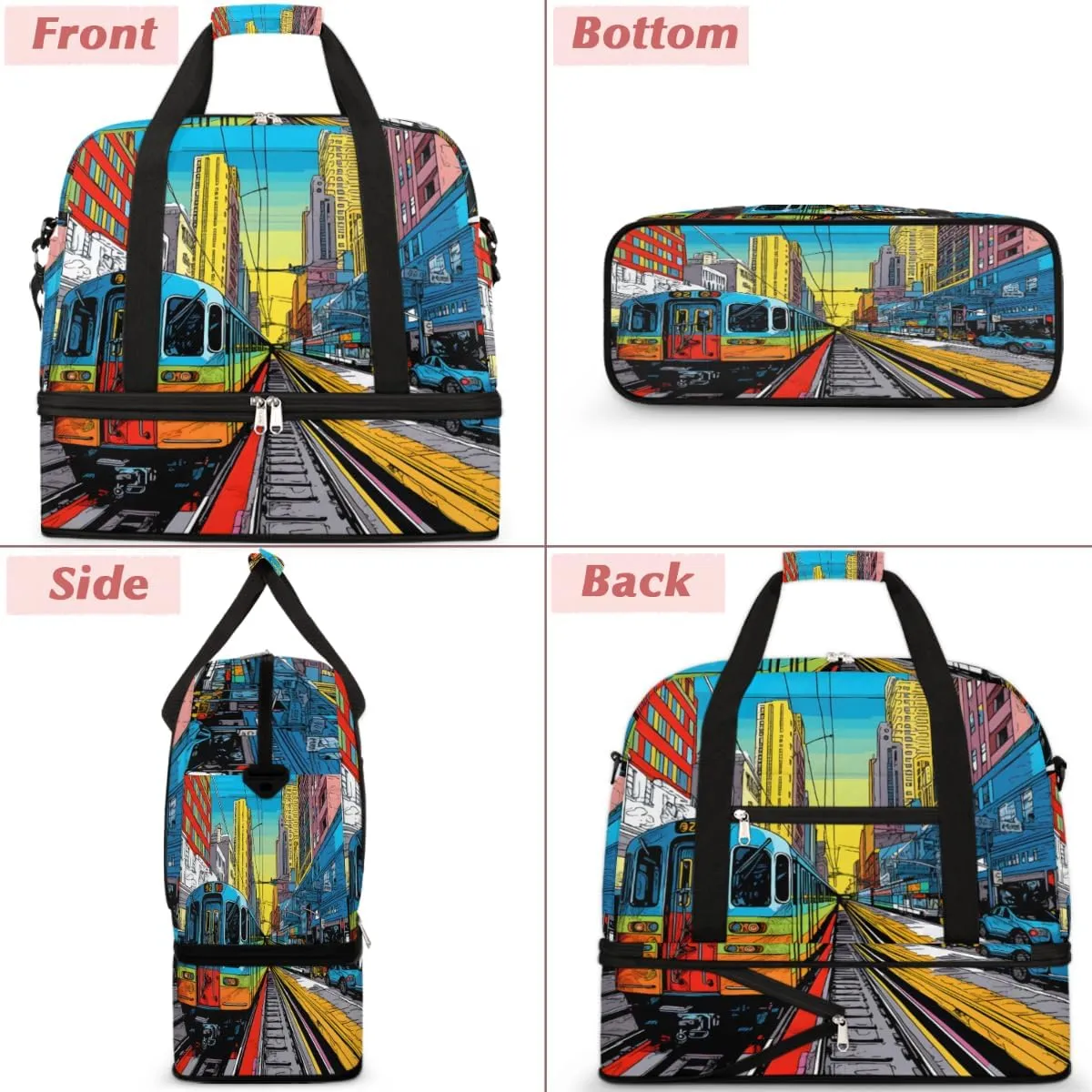 City Train Print Foldable Duffle Bag with Shoes Compartment Large Capacity Waterproof Travel Weekender Bag Overnight Bag for Sports Gym