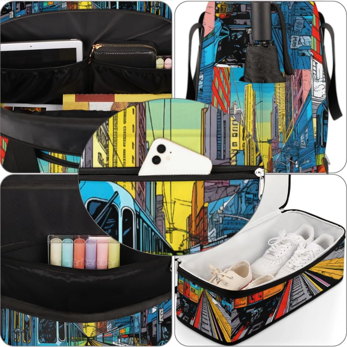 City Train Print Foldable Duffle Bag with Shoes Compartment Large Capacity Waterproof Travel Weekender Bag Overnight Bag for Sports Gym