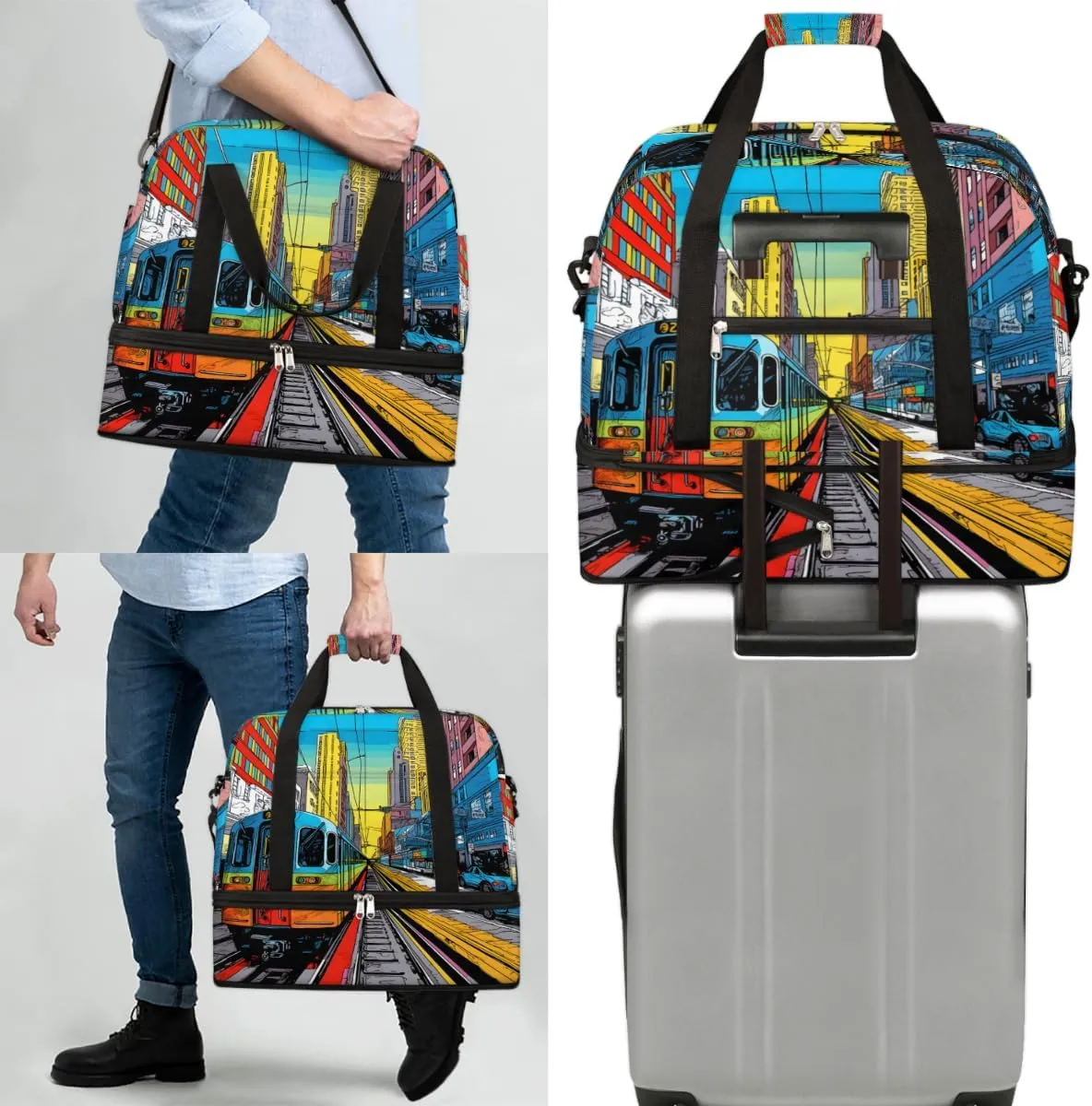 City Train Print Foldable Duffle Bag with Shoes Compartment Large Capacity Waterproof Travel Weekender Bag Overnight Bag for Sports Gym