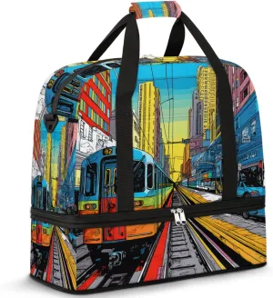 City Train Print Foldable Duffle Bag with Shoes Compartment Large Capacity Waterproof Travel Weekender Bag Overnight Bag for Sports Gym