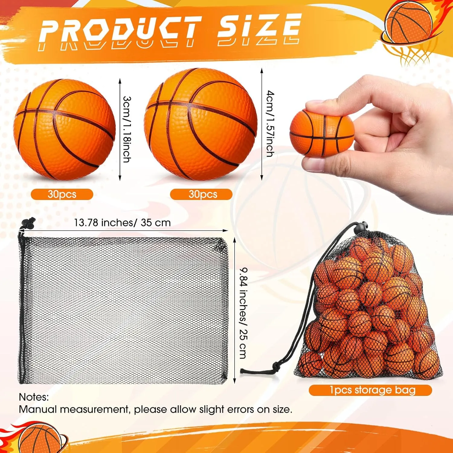 Civaner 60 Pcs Basketball Party Favors Mini Small Basketballs Bouncy Stress Sports Balls with Drawstring Bag for School Party Carnival Reward Toys Game Decorations (3cm,4cm)
