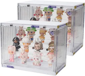 Clear Display Case for Figures, Clear Display Box, 3 Tiers Adjustable Acrylic Display Box Stand with Magnetic Door for Mini Action Figures Pop Mart Collectibles (2 Pack)