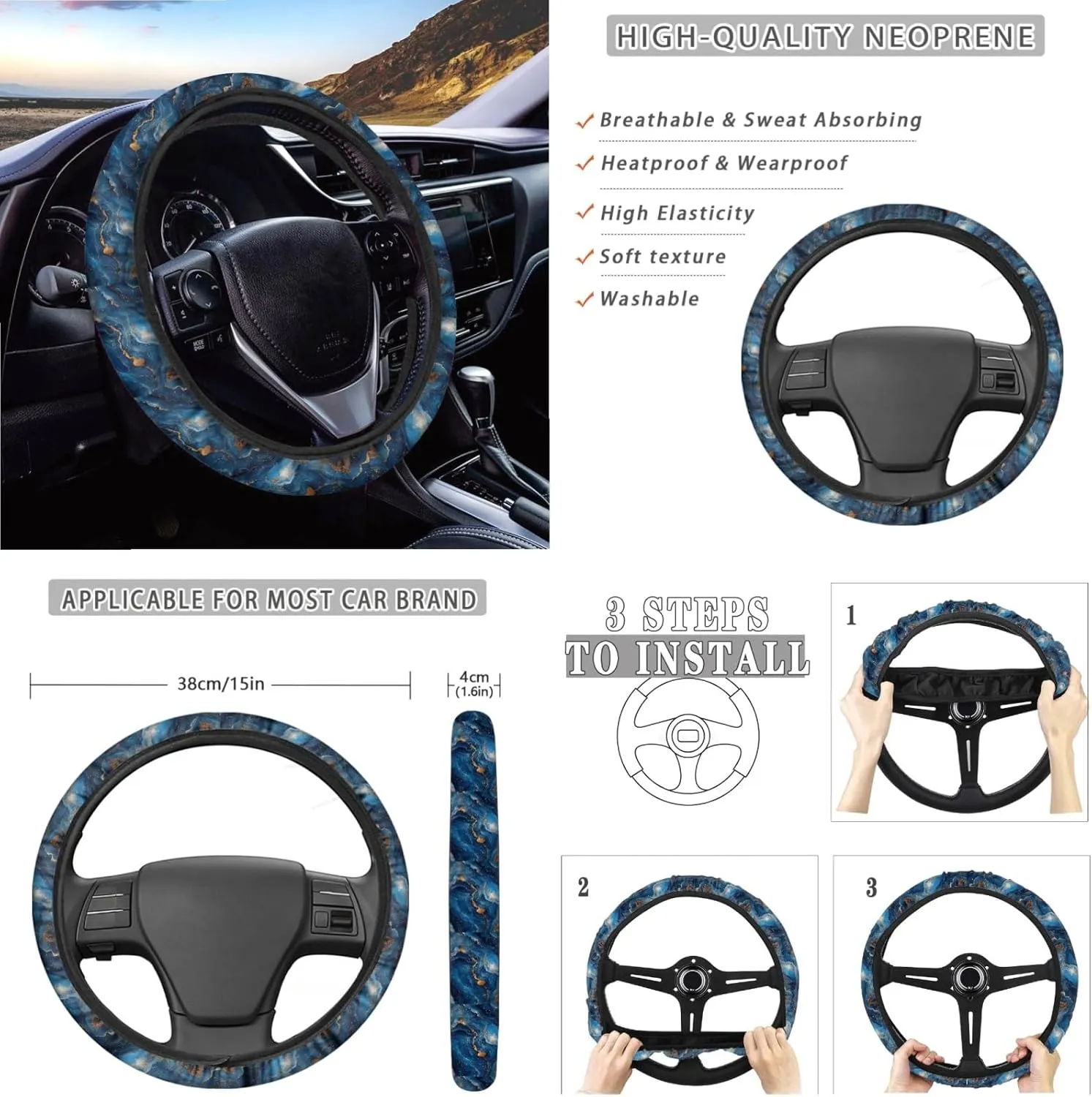 CLOHOMIN Blue Marble Stripes Car Seat Cover Set of 14 Steering Wheel Cover Seat Belt Pads Waste Basket Bin Rearview Mirror Cover Cup Holder Center Console Cover Handbrake Cover Gear Shift Cover