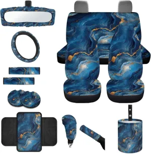 CLOHOMIN Blue Marble Stripes Car Seat Cover Set of 14 Steering Wheel Cover Seat Belt Pads Waste Basket Bin Rearview Mirror Cover Cup Holder Center Console Cover Handbrake Cover Gear Shift Cover