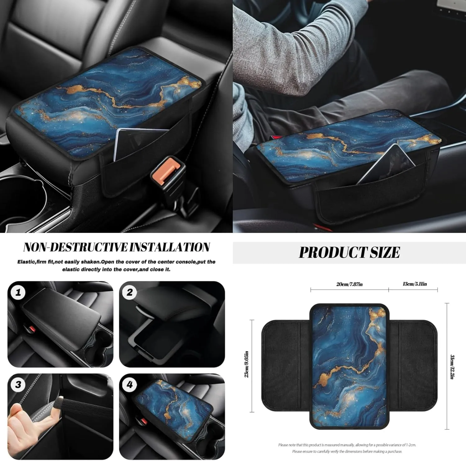 CLOHOMIN Blue Marble Stripes Car Seat Cover Set of 14 Steering Wheel Cover Seat Belt Pads Waste Basket Bin Rearview Mirror Cover Cup Holder Center Console Cover Handbrake Cover Gear Shift Cover