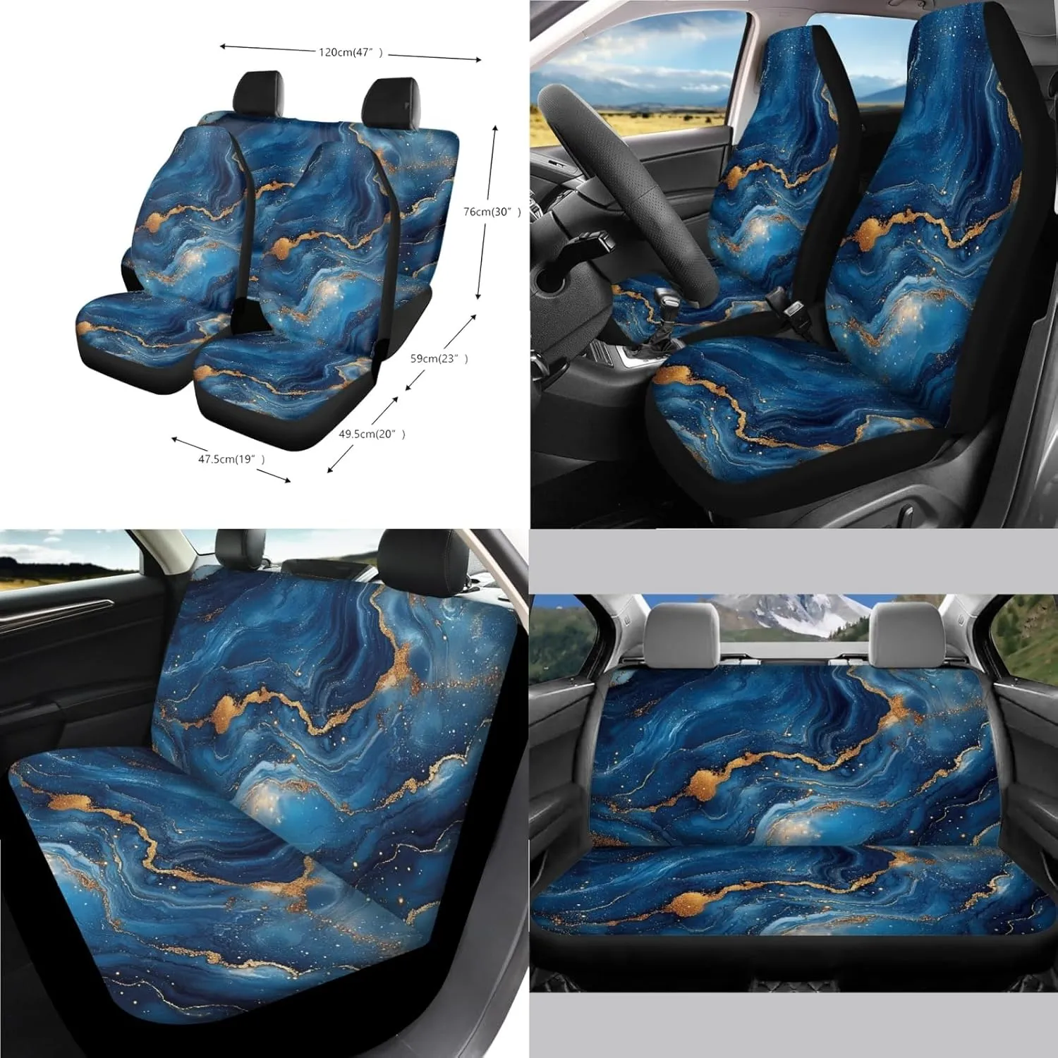 CLOHOMIN Blue Marble Stripes Car Seat Cover Set of 14 Steering Wheel Cover Seat Belt Pads Waste Basket Bin Rearview Mirror Cover Cup Holder Center Console Cover Handbrake Cover Gear Shift Cover
