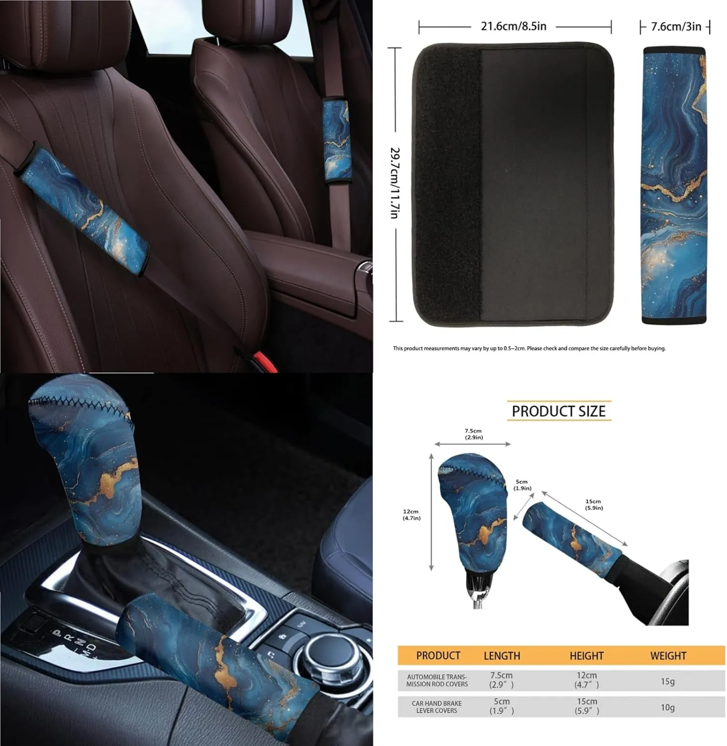 CLOHOMIN Blue Marble Stripes Car Seat Cover Set of 14 Steering Wheel Cover Seat Belt Pads Waste Basket Bin Rearview Mirror Cover Cup Holder Center Console Cover Handbrake Cover Gear Shift Cover