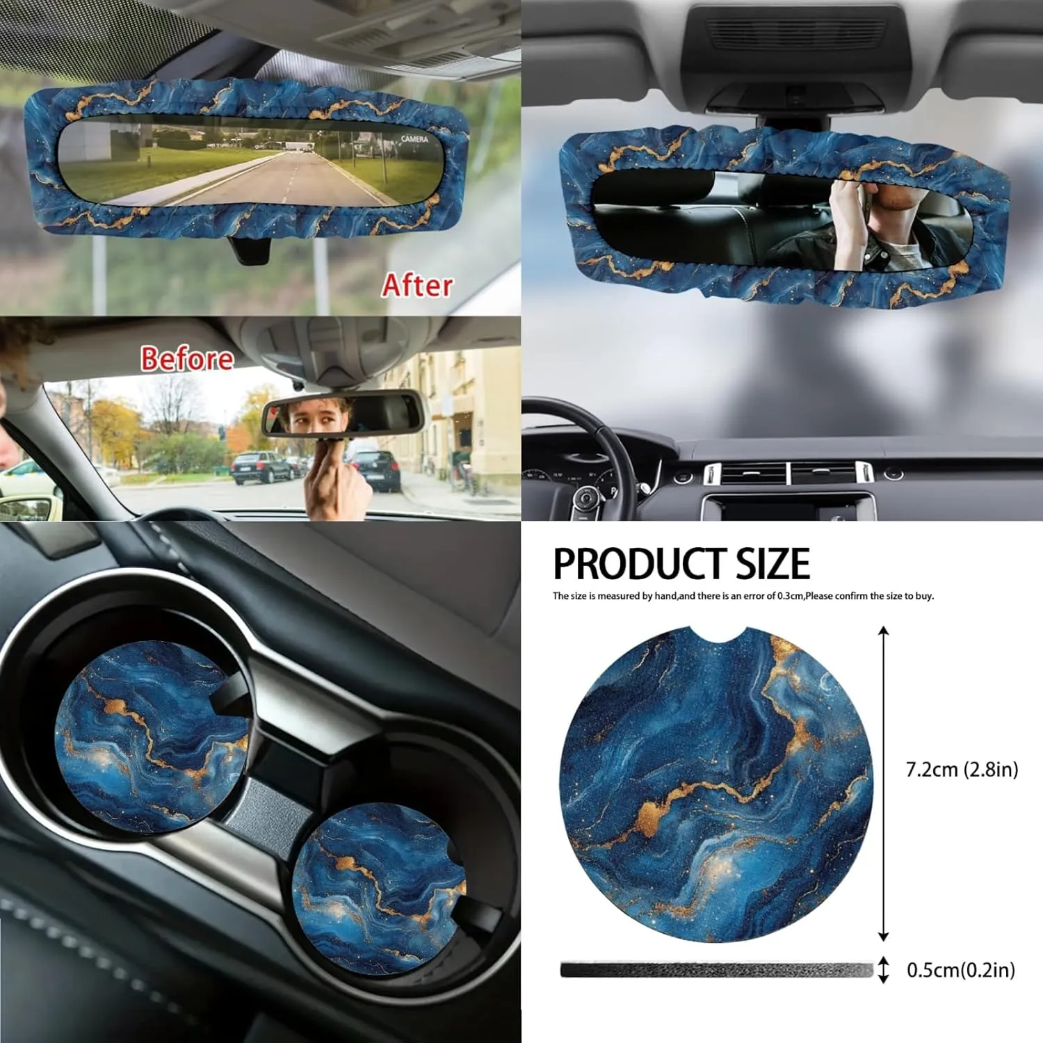 CLOHOMIN Blue Marble Stripes Car Seat Cover Set of 14 Steering Wheel Cover Seat Belt Pads Waste Basket Bin Rearview Mirror Cover Cup Holder Center Console Cover Handbrake Cover Gear Shift Cover
