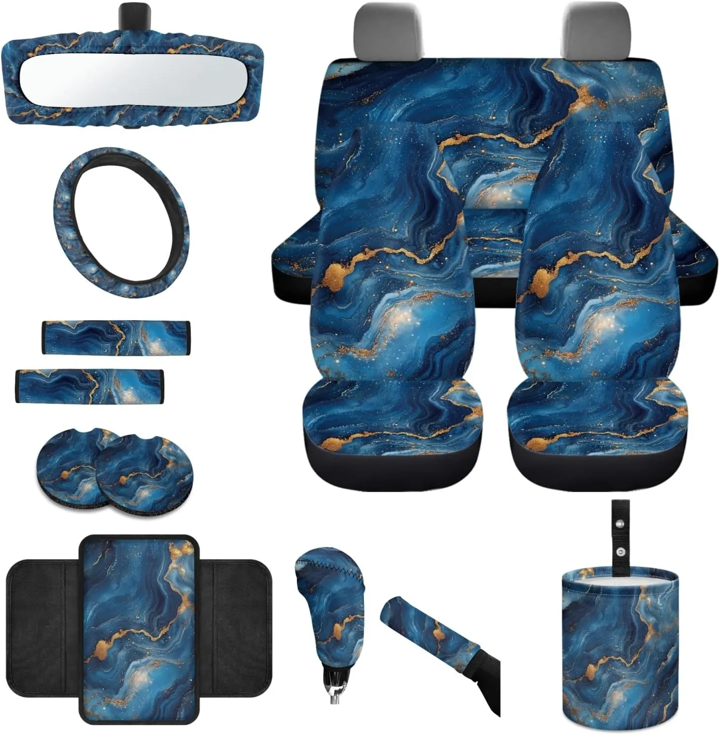 CLOHOMIN Blue Marble Stripes Car Seat Cover Set of 14 Steering Wheel Cover Seat Belt Pads Waste Basket Bin Rearview Mirror Cover Cup Holder Center Console Cover Handbrake Cover Gear Shift Cover