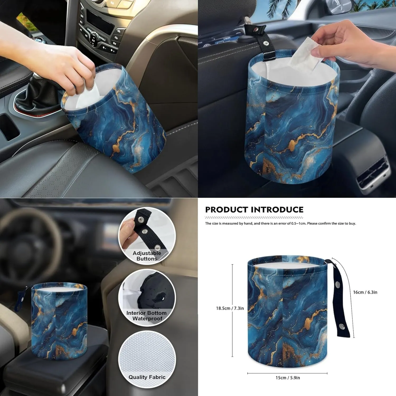 CLOHOMIN Blue Marble Stripes Car Seat Cover Set of 14 Steering Wheel Cover Seat Belt Pads Waste Basket Bin Rearview Mirror Cover Cup Holder Center Console Cover Handbrake Cover Gear Shift Cover