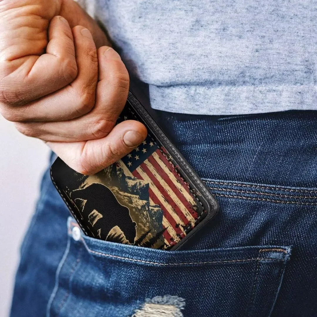 Coldinair American Flag Teen Boys Wallet for Kids,Bear Bifold Wallet,Leather Wallet,Slim Wallet Credit Card Cash Id Holder Cion Purse for Teens Kids,Men