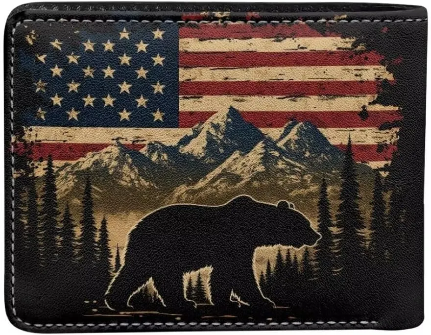 Coldinair American Flag Teen Boys Wallet for Kids,Bear Bifold Wallet,Leather Wallet,Slim Wallet Credit Card Cash Id Holder Cion Purse for Teens Kids,Men
