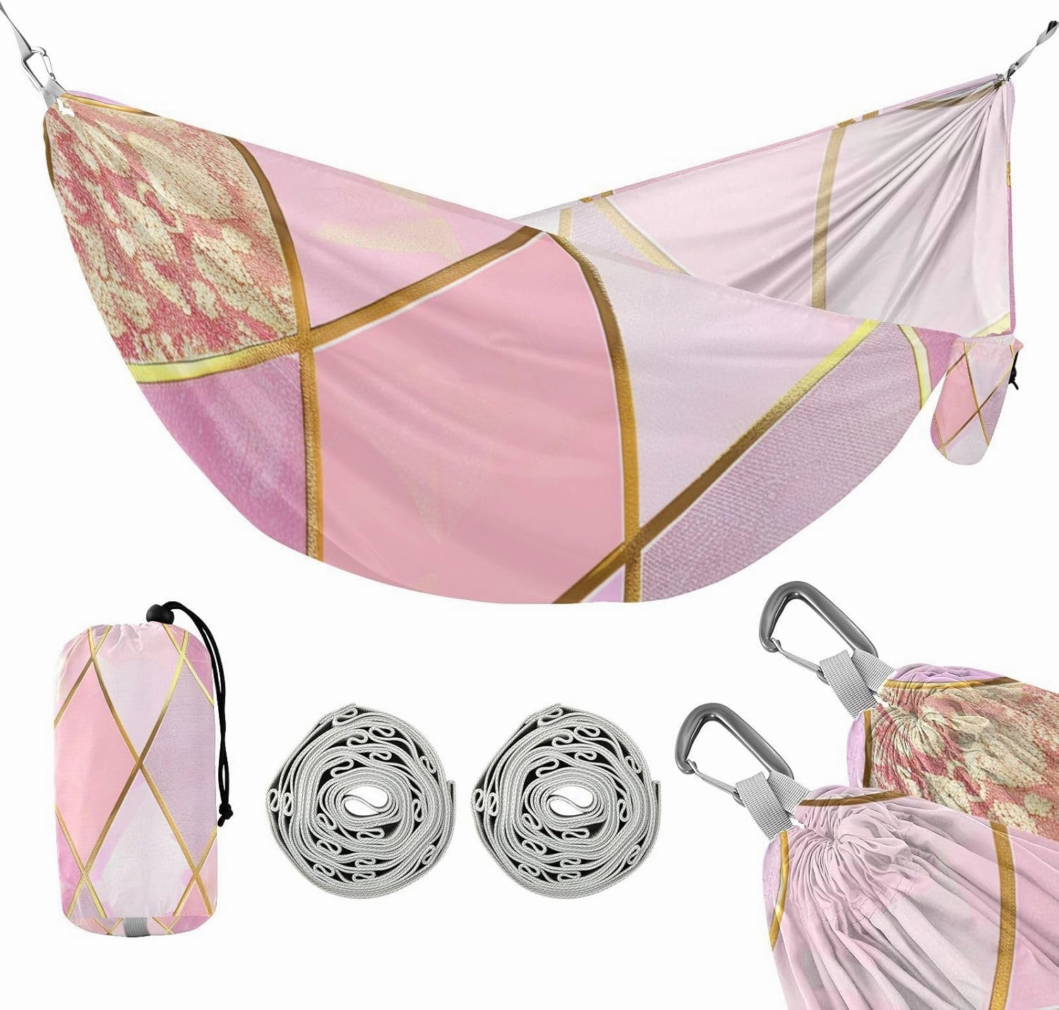 College Chic Pink and Gold 330lb Capacity Outdoor Hammocks with Hanging Rope Fabric Hammock for Outside Camping Essentials sillas para acampar