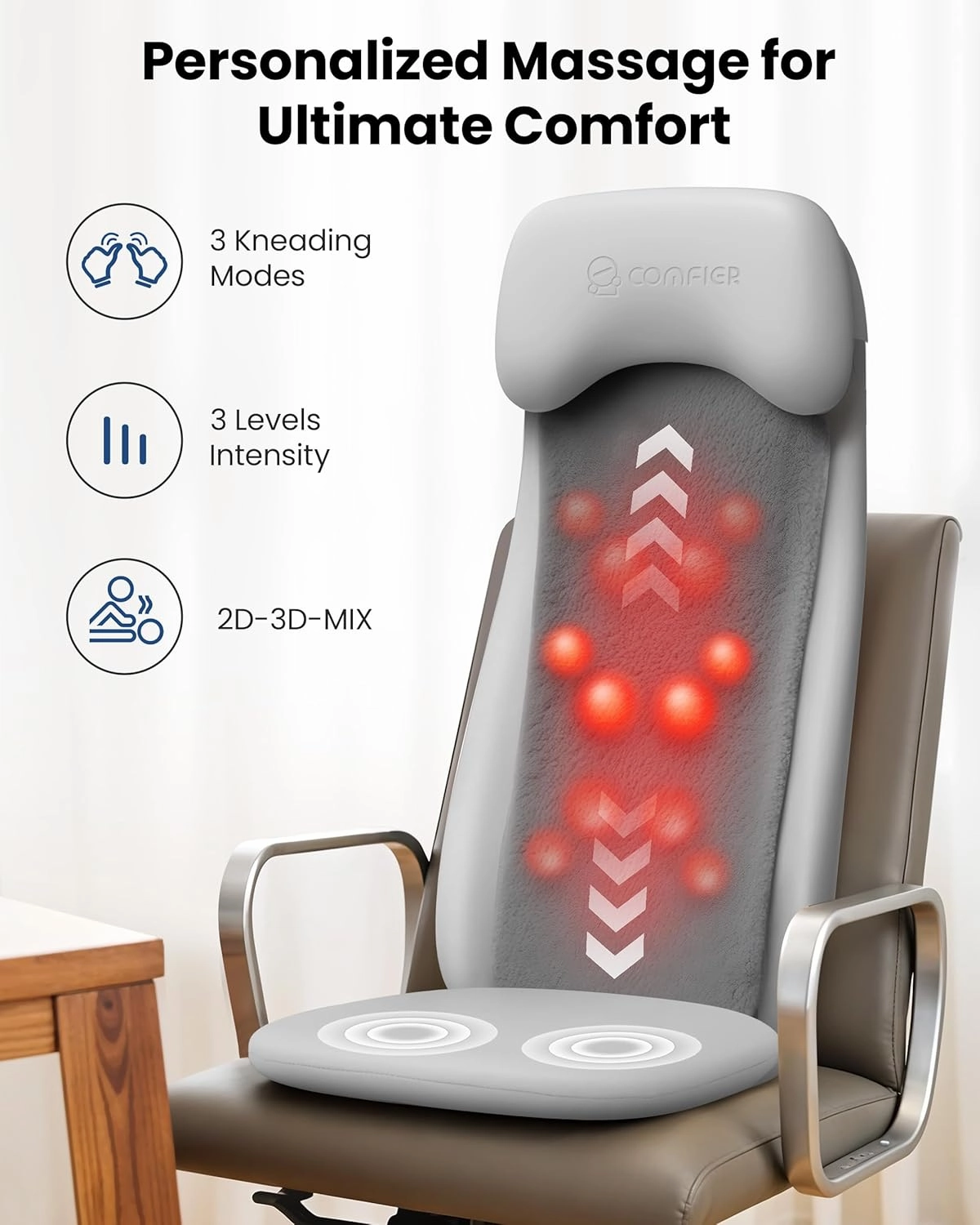 COMFIER Back Massager with Heat,2D/3D Shiatu Massage Seat Cushion,2 Auto Massage Modes,Full Back Massager with Vibration,Deep Tissue Kneading Chair Pad for Lower Waist,Gift for Men,Women