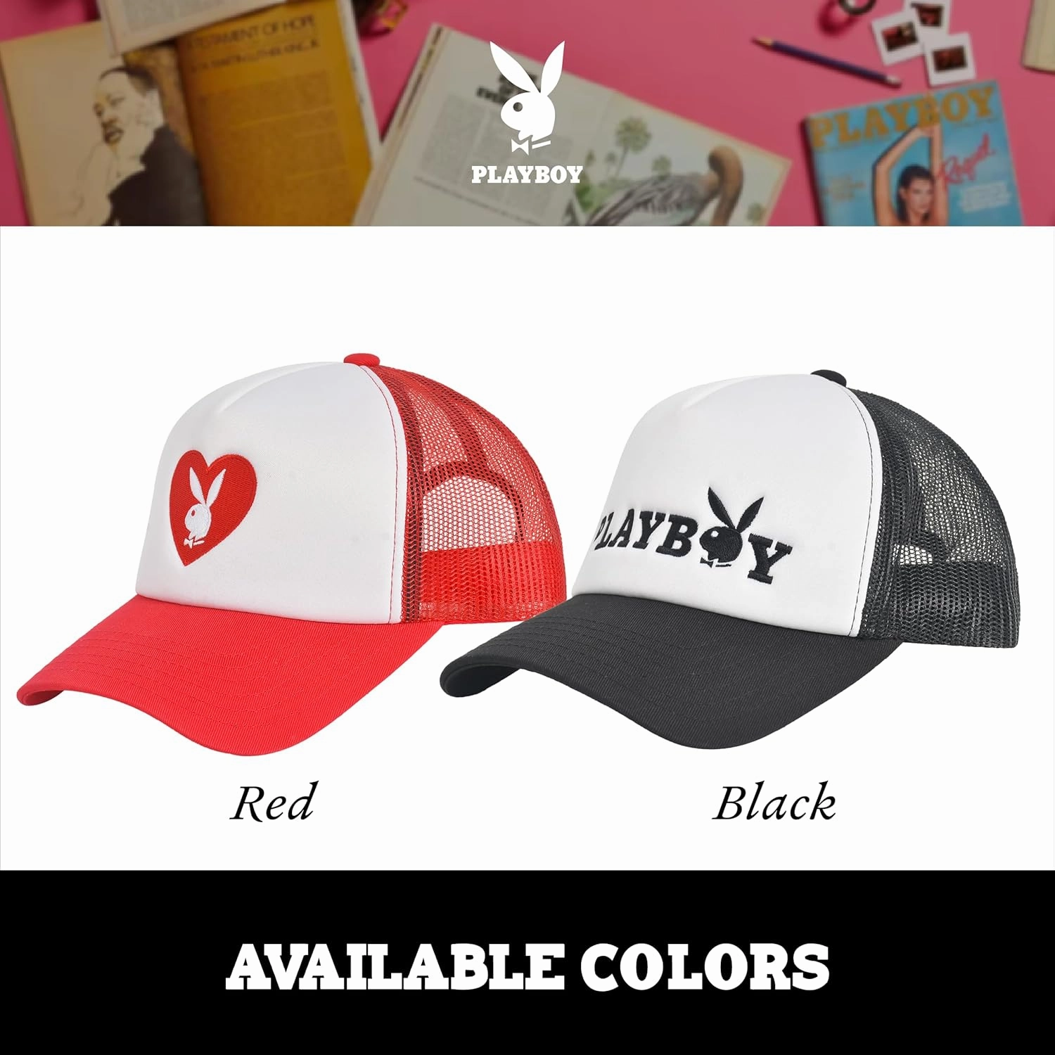 Concept One Playboy Trucker Hat, Mesh Adjustable Snapback Baseball Cap with Curved Brim