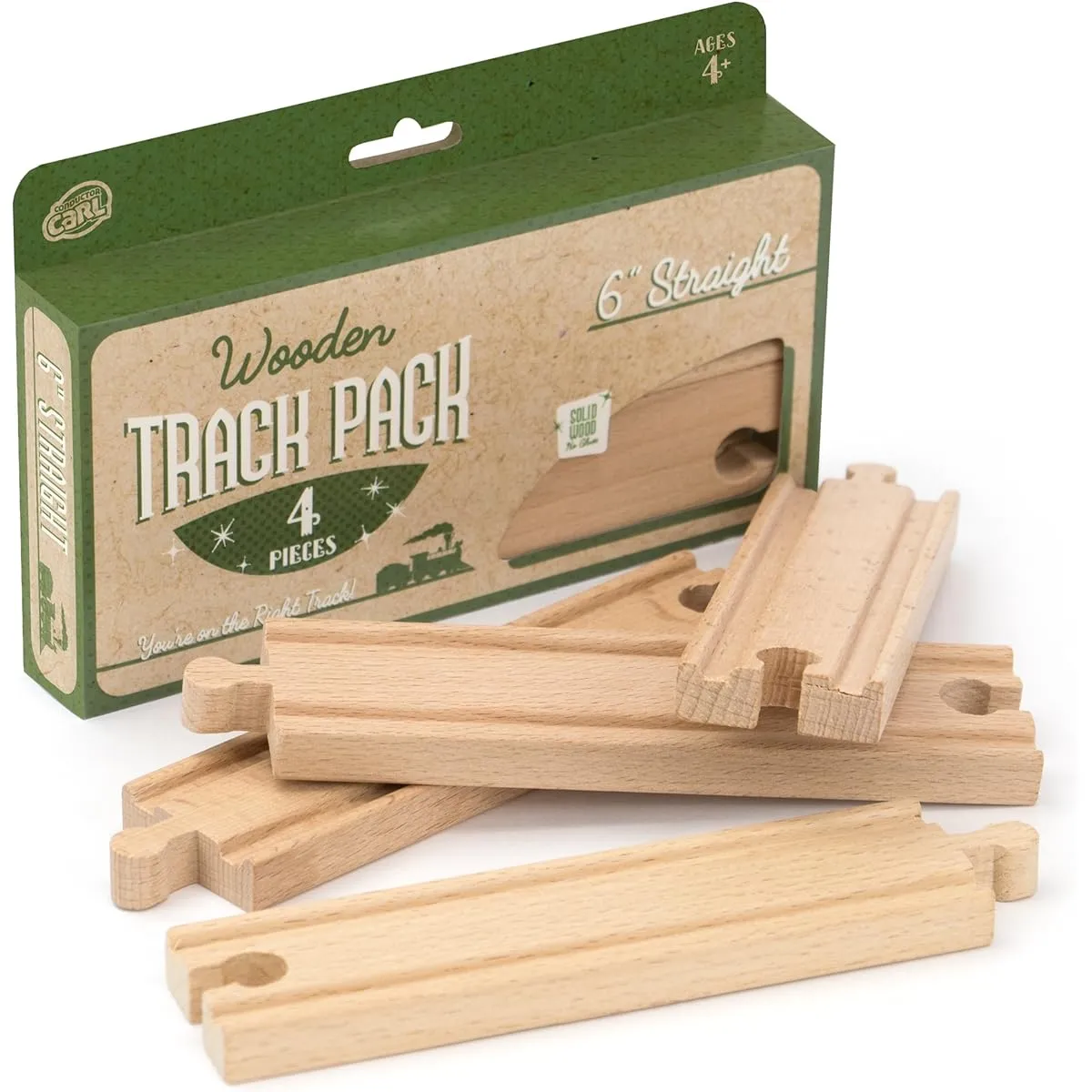 Conductor Carl Wooden Train Track Expansion Pack Fits Most Trains 1 x 6" Straight Line Track (4 Pack)