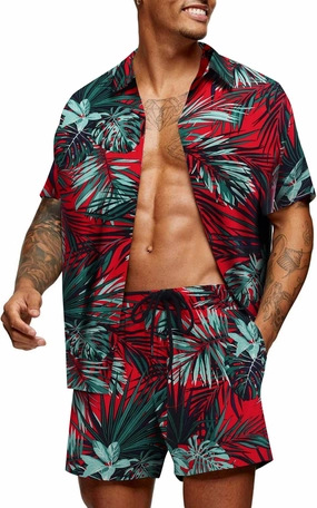 COOFANDY Men's Hawaiian Matching Set Summer Beach 2 Piece Outfits Flower Button Down Shirts and Shorts Vacation Outfits