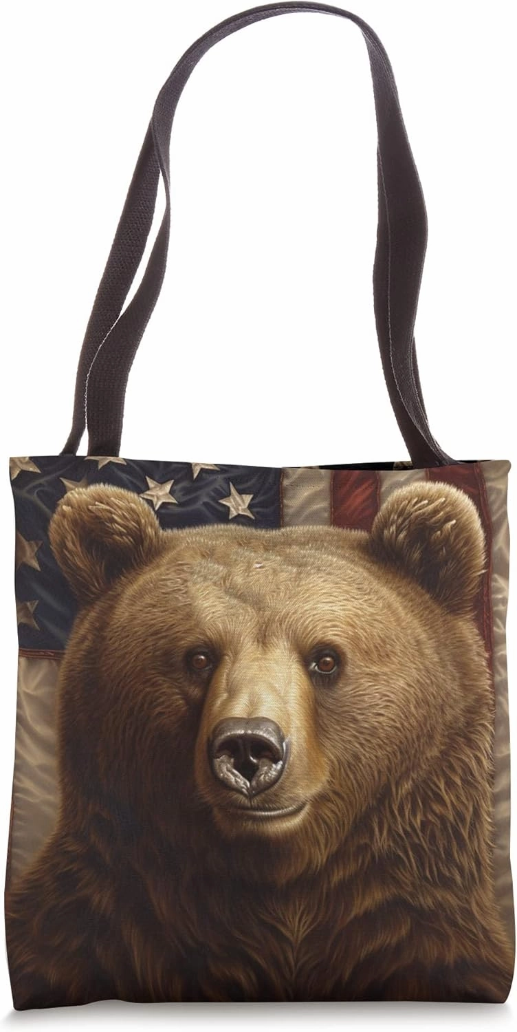 Cool Funny American Grizzly Bear Patriotic USA Flag Portrait Tote Bag