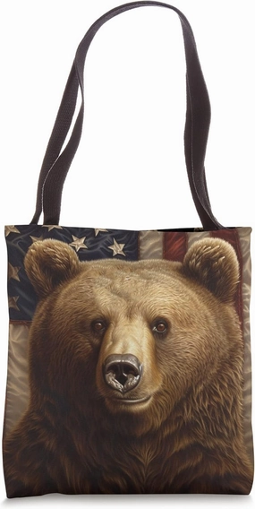 Cool Funny American Grizzly Bear Patriotic USA Flag Portrait Tote Bag